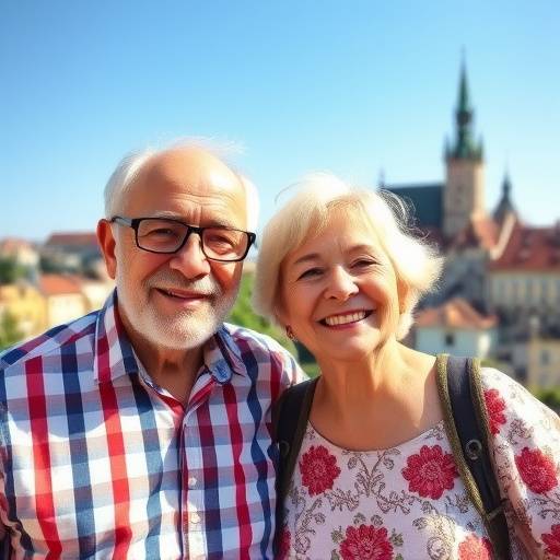 Illustration of a senior couple happily retired and enjoying their time together in Prague.